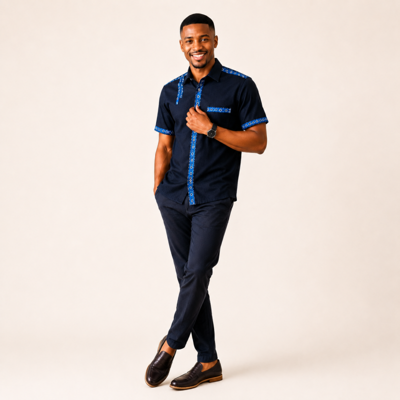 Blue Shweshwe Trim Mens Denim Shirt