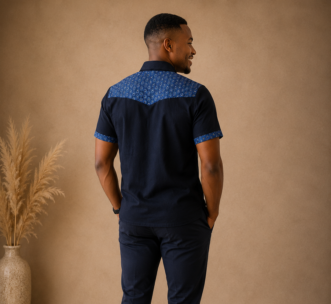 Blue Shweshwe Trim Mens Denim Shirt