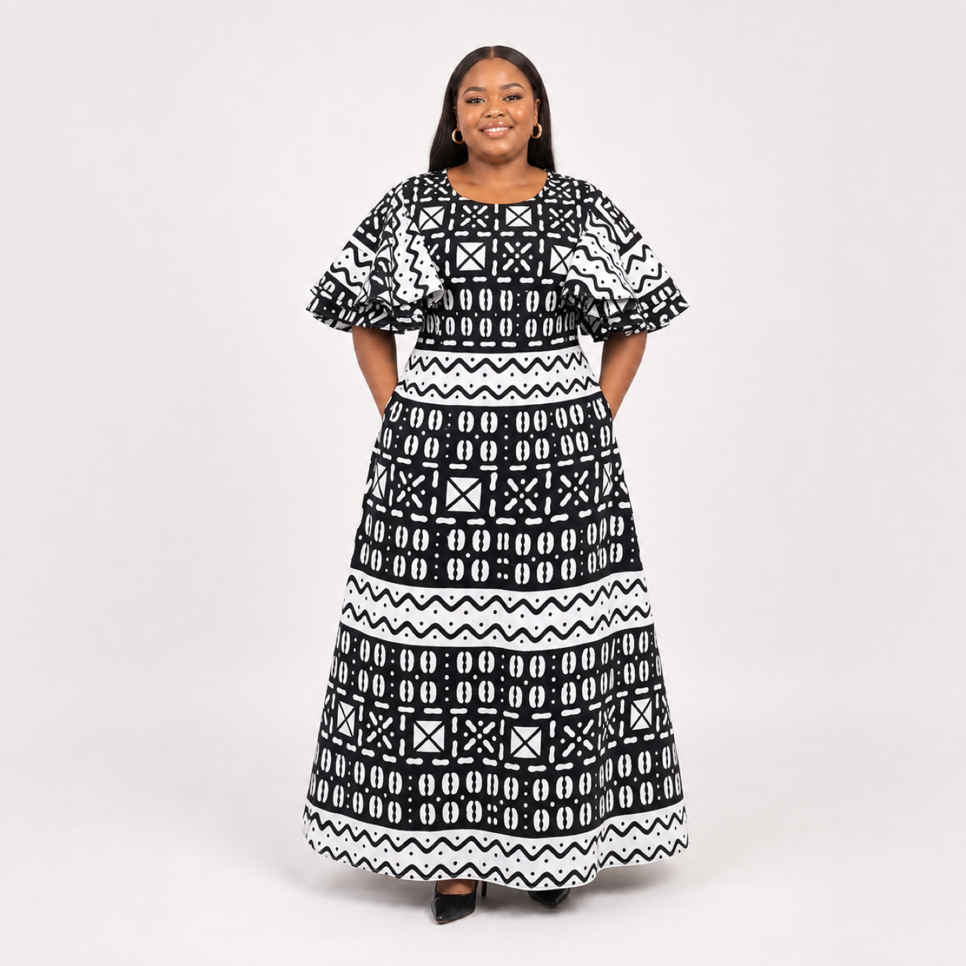 Bogolan Peplum-Sleeve Maxi Dress - front view