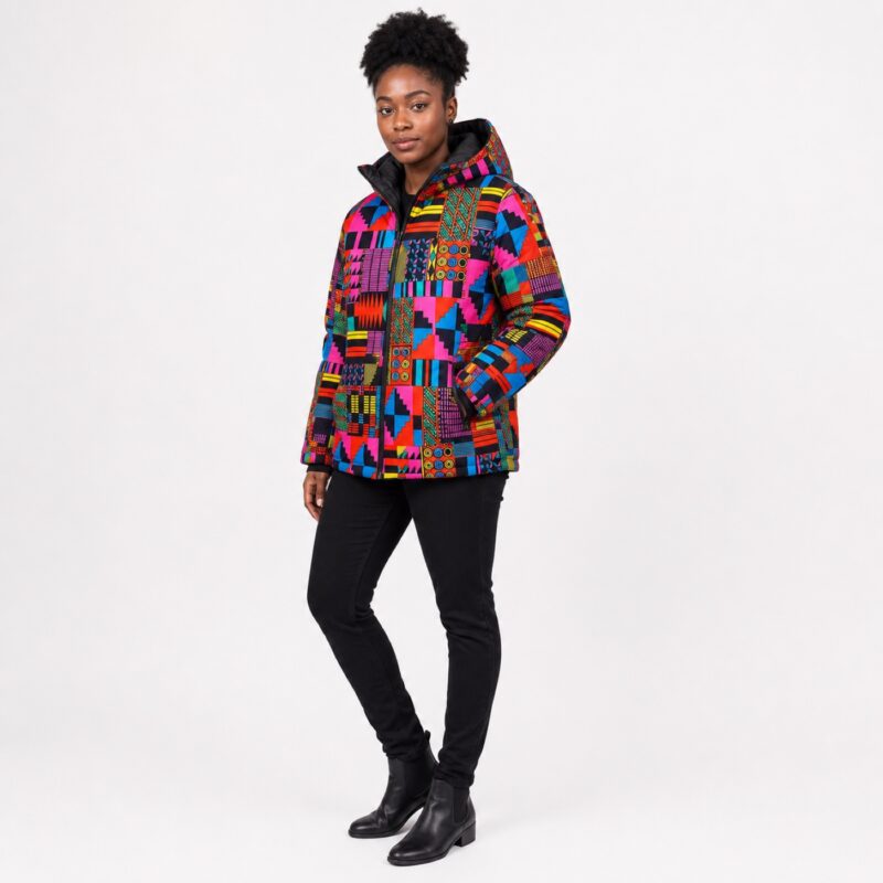 Bokaap Kente African Print Unisex Winter Parka Jacket - three-quarter view