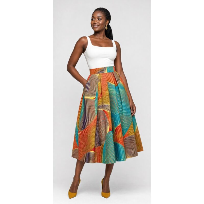 Colour Brush Stroke multicolour African print flare skirt – front view