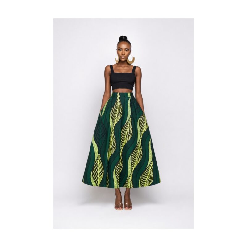 Isitshalo green botanical African print flare skirt – front view