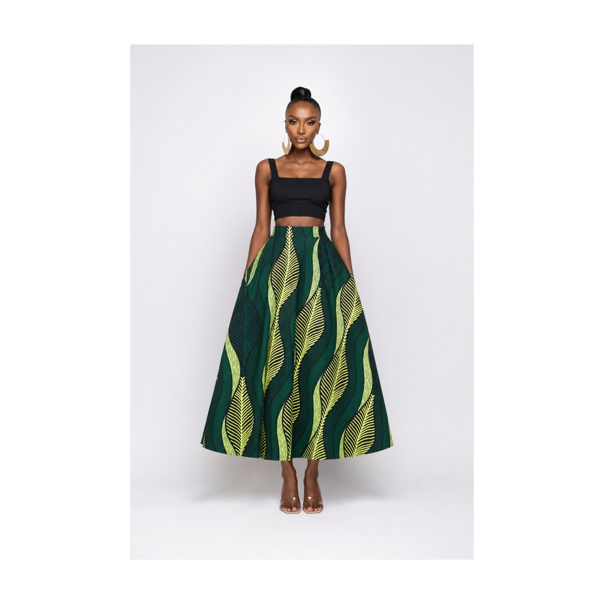 Isitshalo green botanical African print flare skirt – front view